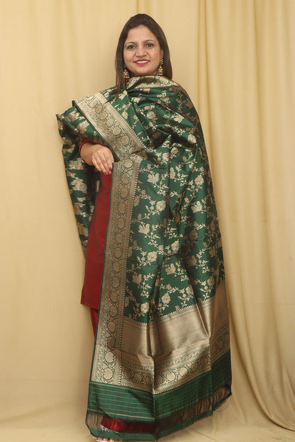 Exquisite Green Banarasi Handloom Pure Katan Silk Dupatta - Luxurion World