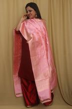 Exquisite Pink Banarasi Handloom Pure Katan Silk Dupatta - Luxurion World
