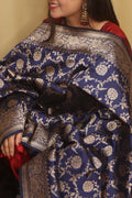 Exquisite Blue Banarasi Handloom Pure Katan Silk Dupatta - Luxurion World- Crafted Heirlooms