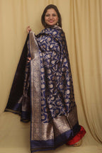 Exquisite Blue Banarasi Handloom Pure Katan Silk Dupatta - Luxurion World- Crafted Heirlooms