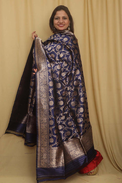 Exquisite Blue Banarasi Handloom Pure Katan Silk Dupatta - Luxurion World
