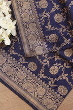 Exquisite Blue Banarasi Handloom Pure Katan Silk Dupatta - Luxurion World- Crafted Heirlooms