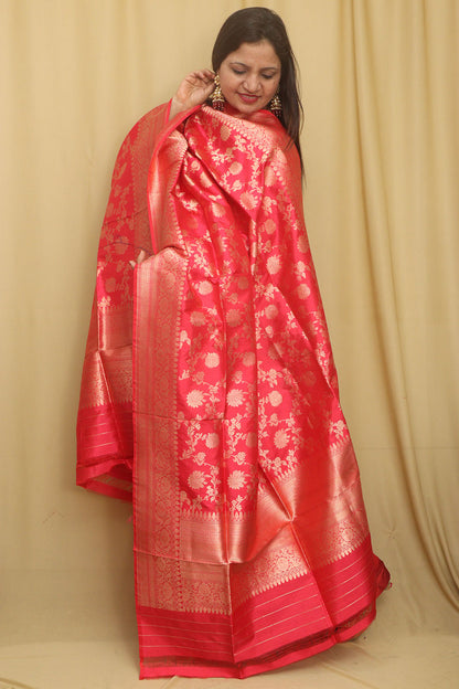 Exquisite Red Banarasi Handloom Pure Katan Silk Dupatta - Luxurion World