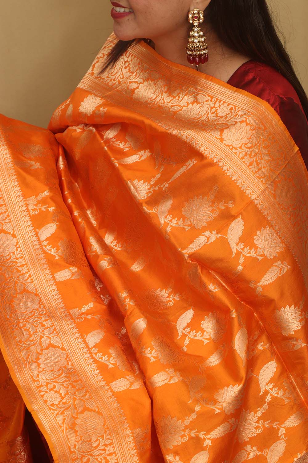 Exquisite Orange Banarasi Handloom Pure Katan Silk Dupatta - Luxurion World