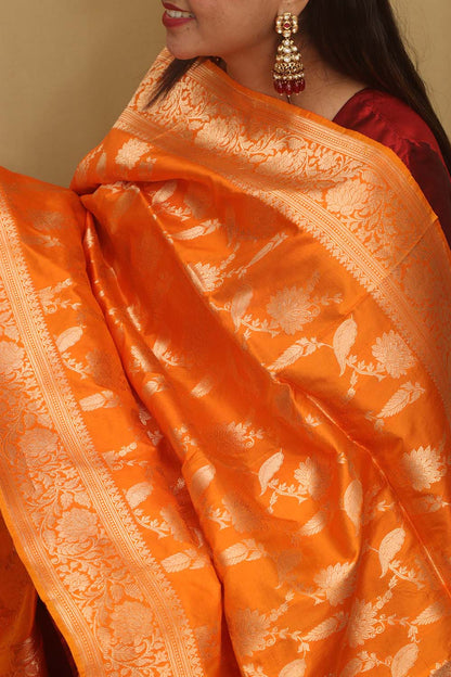 Exquisite Orange Banarasi Handloom Pure Katan Silk Dupatta - Luxurion World