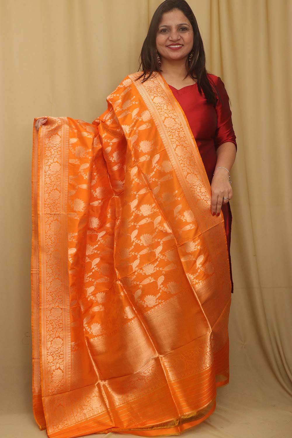 Exquisite Orange Banarasi Handloom Pure Katan Silk Dupatta - Luxurion World