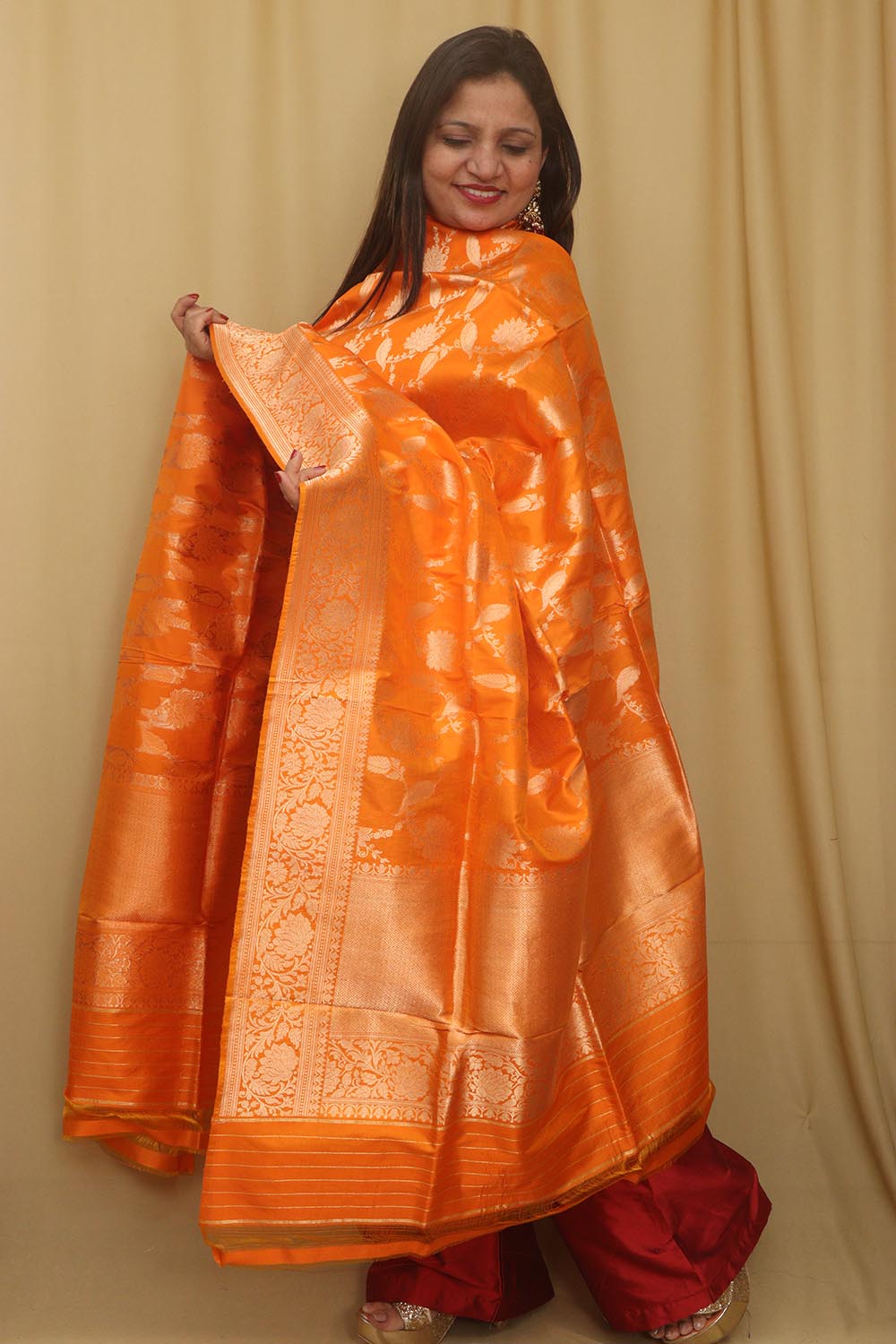 Exquisite Orange Banarasi Handloom Pure Katan Silk Dupatta - Luxurion World