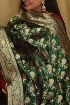 Exquisite Green Banarasi Handloom Pure Katan Silk Dupatta - Luxurion World- Crafted Heirlooms