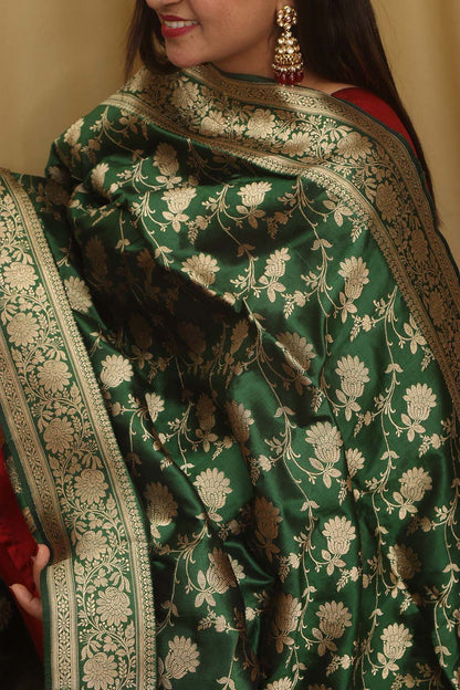 Exquisite Green Banarasi Handloom Pure Katan Silk Dupatta - Luxurion World