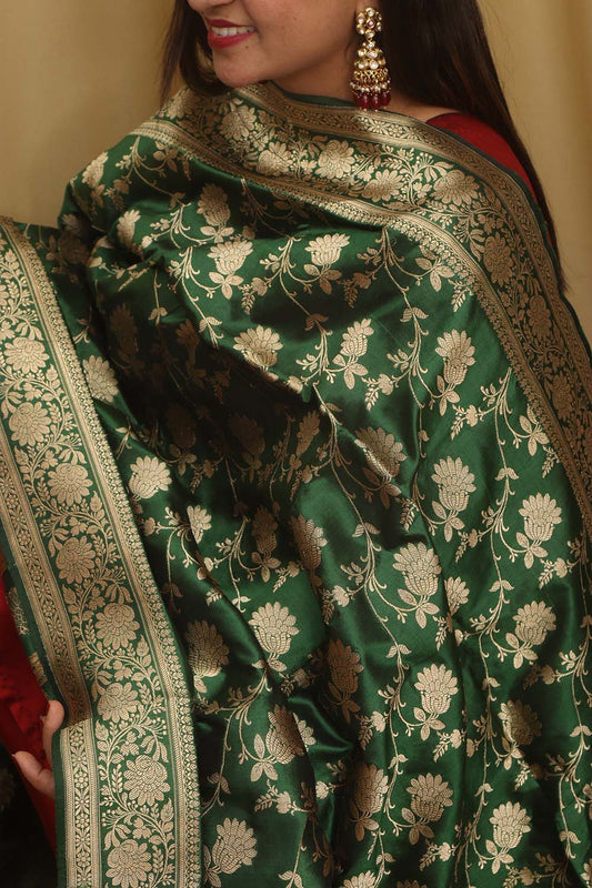 Exquisite Green Banarasi Handloom Pure Katan Silk Dupatta - Luxurion World