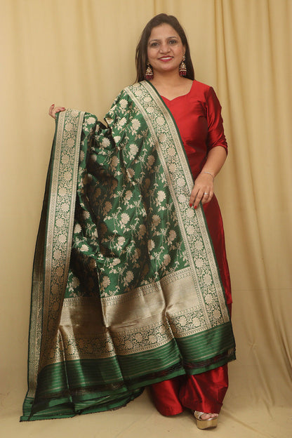 Exquisite Green Banarasi Handloom Pure Katan Silk Dupatta - Luxurion World