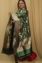 Exquisite Green Banarasi Handloom Pure Katan Silk Dupatta - Luxurion World- Crafted Heirlooms