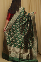 Exquisite Green Banarasi Handloom Pure Katan Silk Dupatta - Luxurion World- Crafted Heirlooms