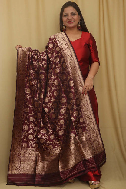 Exquisite Maroon Banarasi Handloom Pure Katan Silk Dupatta - Luxurion World