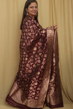 Exquisite Maroon Banarasi Handloom Pure Katan Silk Dupatta - Luxurion World- Crafted Heirlooms