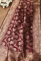 Exquisite Maroon Banarasi Handloom Pure Katan Silk Dupatta - Luxurion World- Crafted Heirlooms