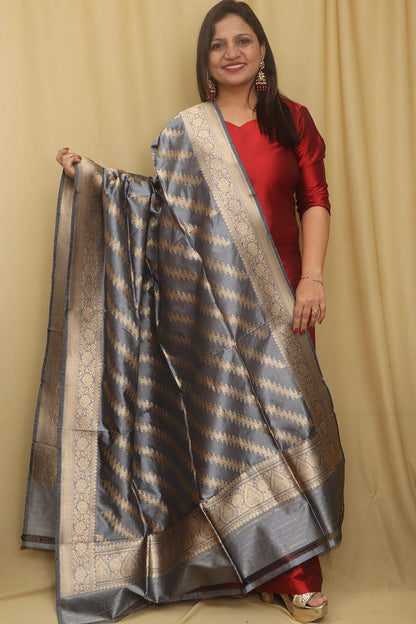Exquisite Grey Banarasi Handloom Pure Katan Silk Dupatta - Luxurion World