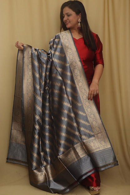 Exquisite Grey Banarasi Handloom Pure Katan Silk Dupatta - Luxurion World