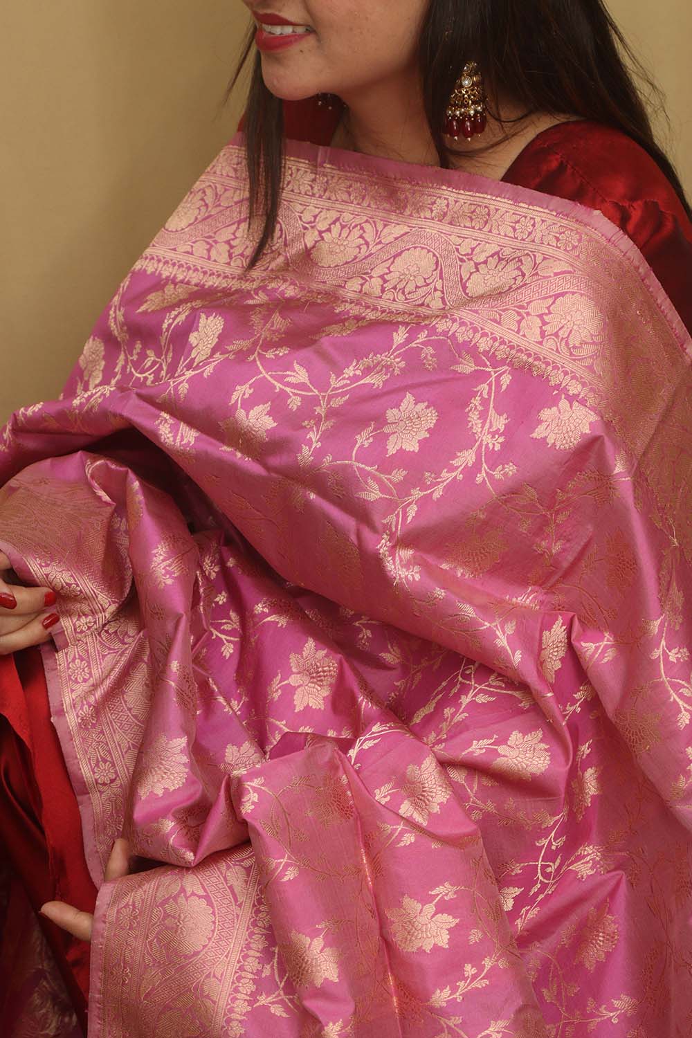 Exquisite Pink Banarasi Handloom Pure Katan Silk Dupatta - Luxurion World- Crafted Heirlooms