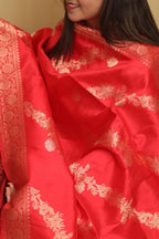 Exquisite Red Banarasi Handloom Pure Katan Silk Dupatta - Luxurion World- Crafted Heirlooms