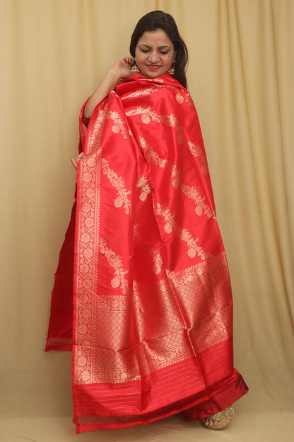 Exquisite Red Banarasi Handloom Pure Katan Silk Dupatta - Luxurion World