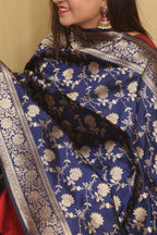 Exquisite Blue Banarasi Handloom Pure Katan Silk Dupatta - Luxurion World- Crafted Heirlooms