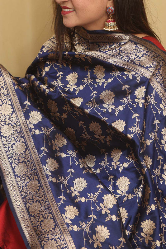 Exquisite Blue Banarasi Handloom Pure Katan Silk Dupatta - Luxurion World
