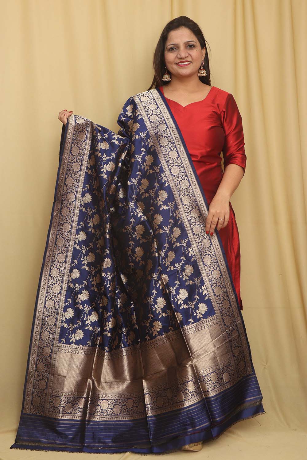 Exquisite Blue Banarasi Handloom Pure Katan Silk Dupatta - Luxurion World- Crafted Heirlooms