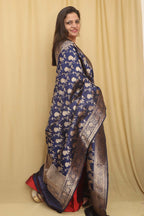Exquisite Blue Banarasi Handloom Pure Katan Silk Dupatta - Luxurion World- Crafted Heirlooms