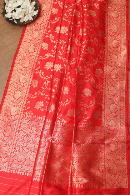Exquisite Red Banarasi Handloom Pure Katan Silk Dupatta - Luxurion World
