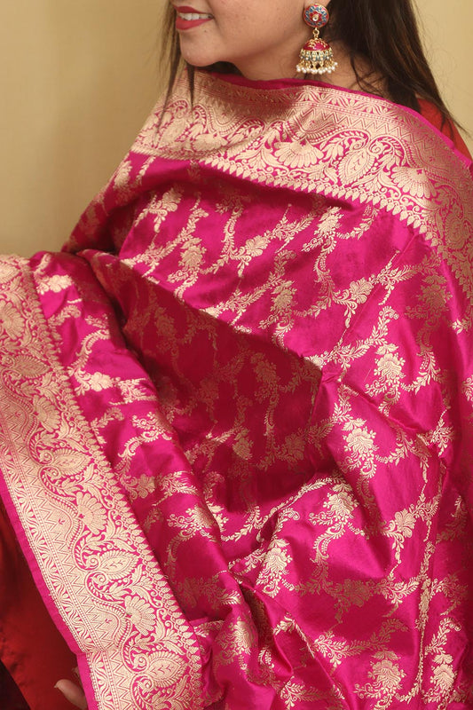 Exquisite Pink Banarasi Handloom Pure Katan Silk Dupatta - Luxurion World
