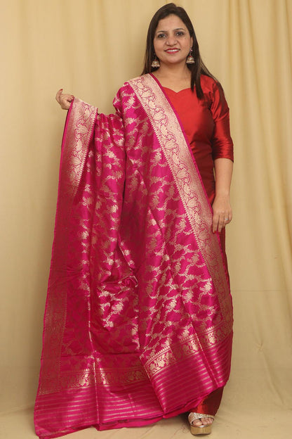 Exquisite Pink Banarasi Handloom Pure Katan Silk Dupatta - Luxurion World