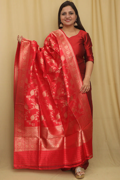 Exquisite Red Banarasi Handloom Pure Katan Silk Dupatta - Luxurion World