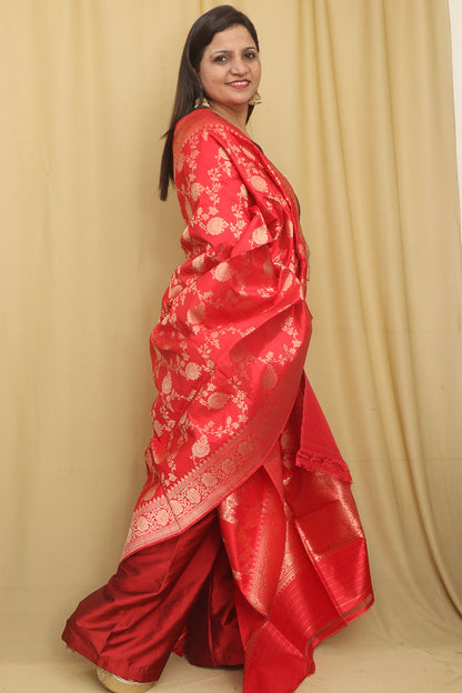 Exquisite Red Banarasi Handloom Pure Katan Silk Dupatta - Luxurion World