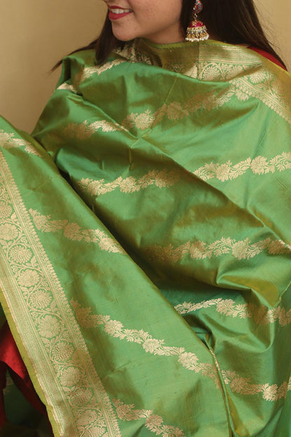 Exquisite Green Banarasi Handloom Pure Katan Silk Dupatta - Luxurion World