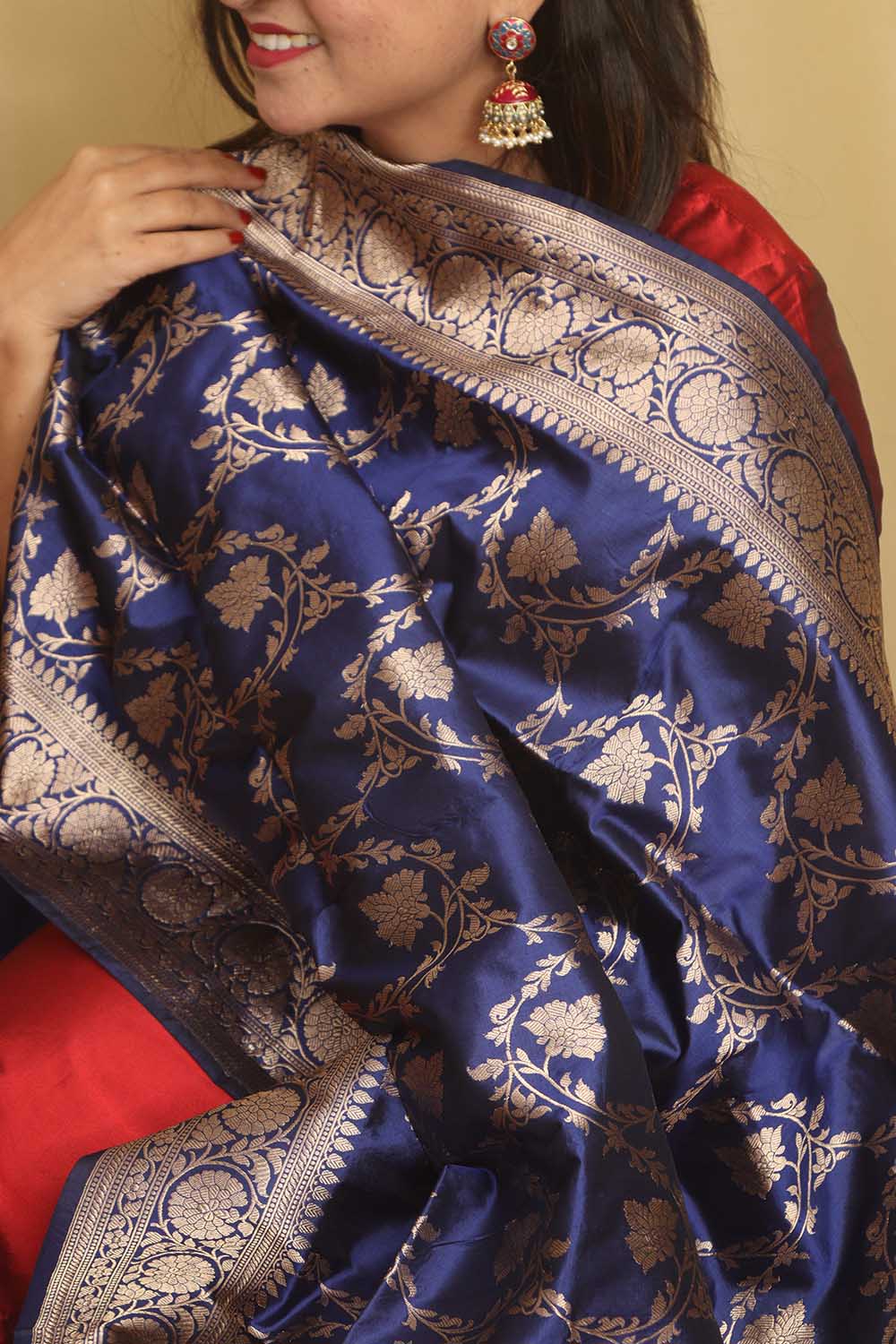 Exquisite Blue Banarasi Handloom Pure Katan Silk Dupatta - Luxurion World- Crafted Heirlooms