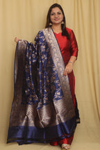 Exquisite Blue Banarasi Handloom Pure Katan Silk Dupatta - Luxurion World- Crafted Heirlooms