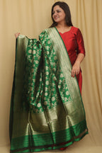Exquisite Green Banarasi Handloom Pure Katan Silk Dupatta - Luxurion World- Crafted Heirlooms