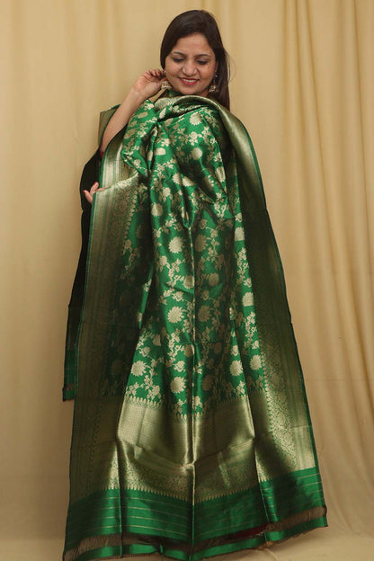 Exquisite Green Banarasi Handloom Pure Katan Silk Dupatta - Luxurion World