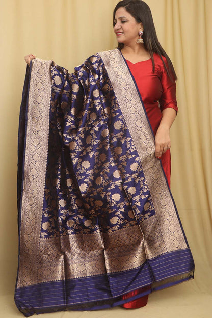 Exquisite Blue Banarasi Handloom Pure Katan Silk Dupatta - Luxurion World