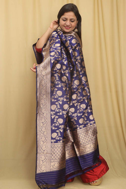 Exquisite Blue Banarasi Handloom Pure Katan Silk Dupatta - Luxurion World
