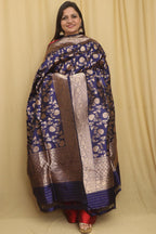 Exquisite Blue Banarasi Handloom Pure Katan Silk Dupatta - Luxurion World- Crafted Heirlooms