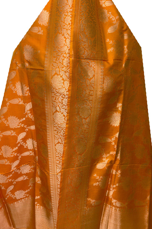 PD1B1AS326050502 Orange Banarasi Handloom Pure Katan Silk Dupatta - Luxurion World- Crafted Heirlooms