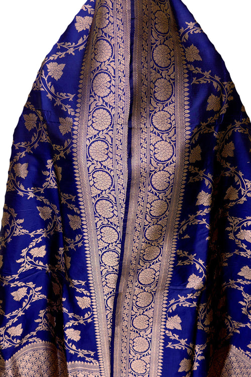 PD1B1AS326050509 Blue Banarasi Handloom Pure Katan Silk Dupatta - Luxurion World- Crafted Heirlooms
