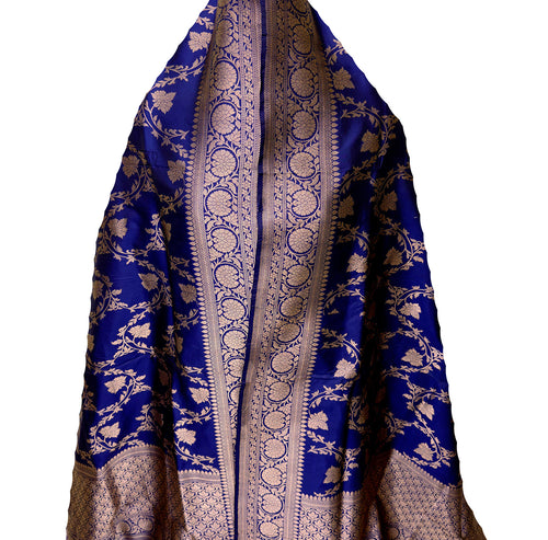 PD1B1AS326050509 Blue Banarasi Handloom Pure Katan Silk Dupatta - Luxurion World- Crafted Heirlooms