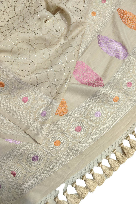Dazzling Dyeable Banarasi Handloom Tussar Georgette Mukaish Work Meenakari Dupatta - Luxurion World