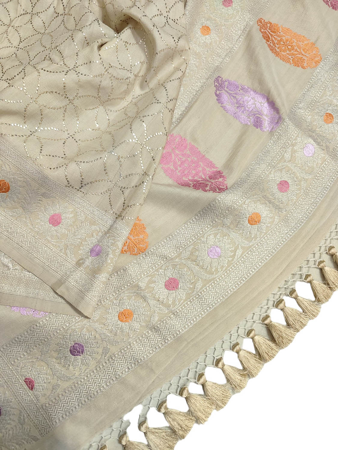 Dazzling Dyeable Banarasi Handloom Tussar Georgette Mukaish Work Meenakari Dupatta - Luxurion World