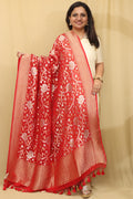 Red Banarasi Handloom Georgette Dupatta - Luxurion World