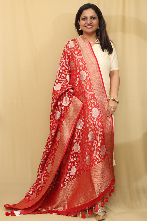 Red Banarasi Handloom Georgette Dupatta - Luxurion World