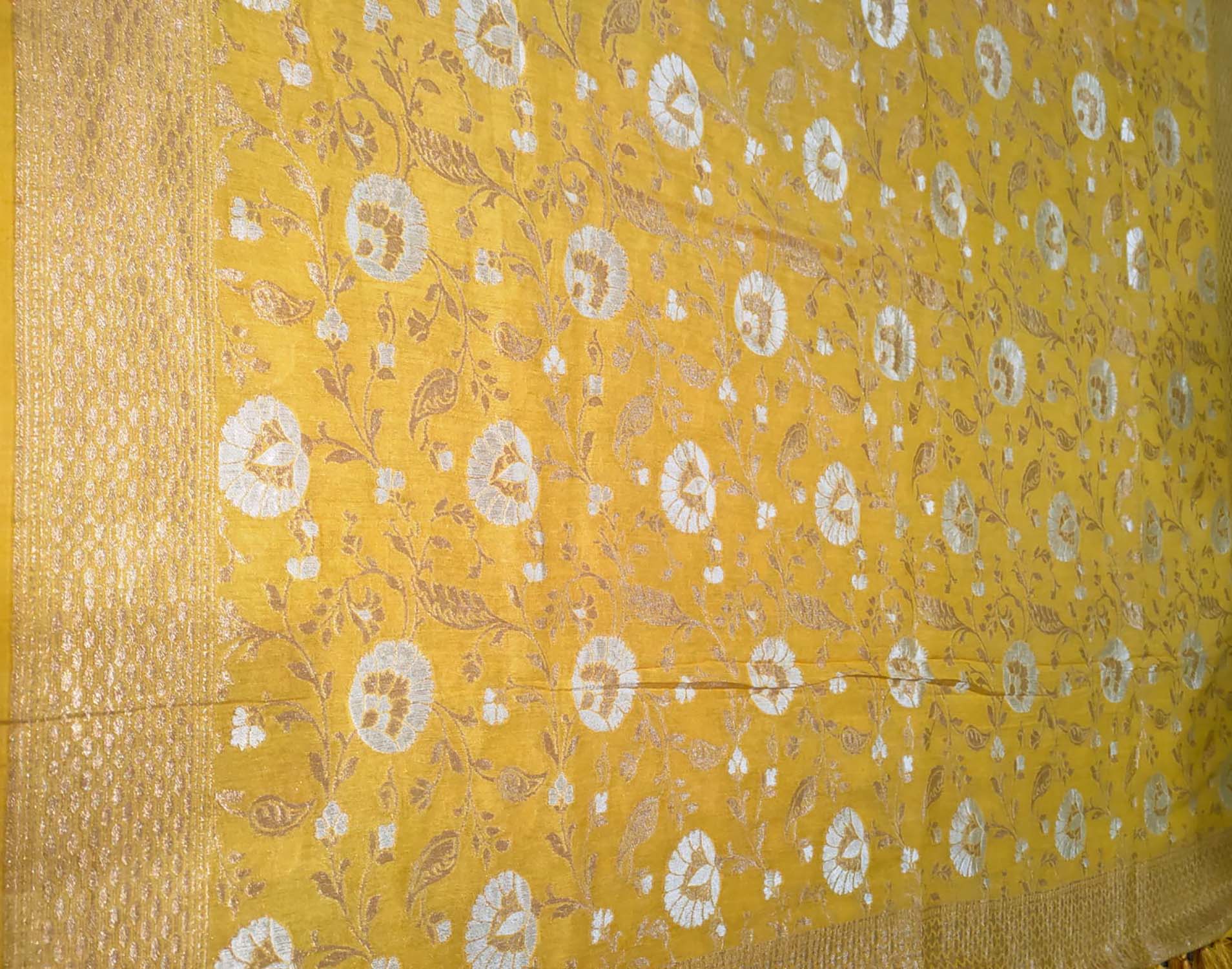 Yellow Banarasi Handloom Pure Moonga Silk Dupatta - Luxurion World- Crafted Heirlooms